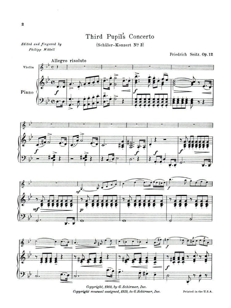 Seitz, Fritz (Friedrich) - Students' Concerto No 3 in g minor, Op 12 For Violin and Piano Published by G Schirmer - Image 2