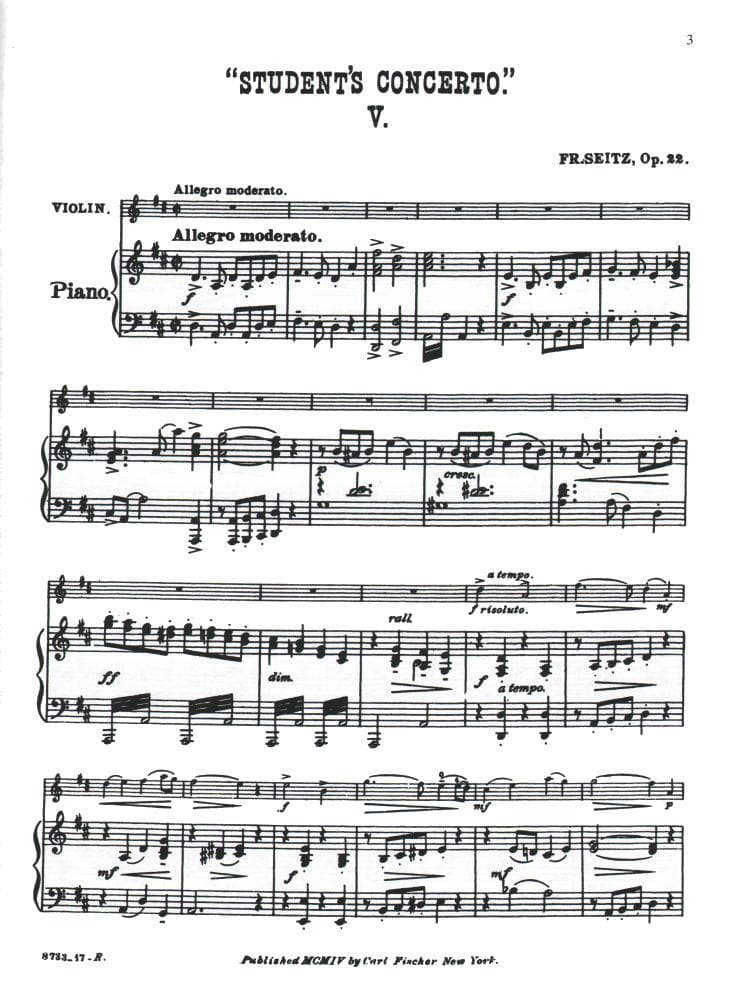 Seitz, Fritz (Friedrich) - Student's Concerto No 5 in D Major, Op 22 - Violin and Piano - Carl Fischer
