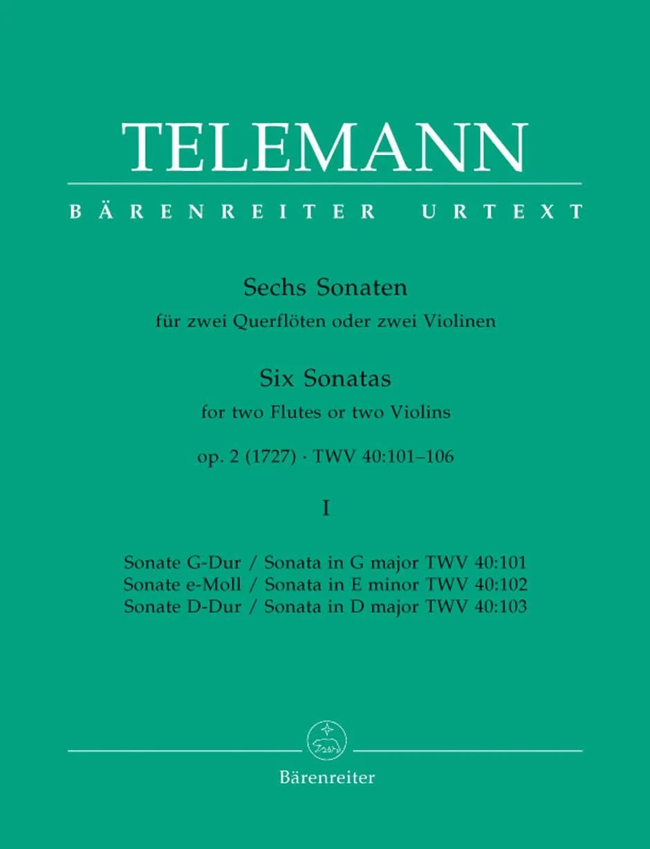 Telemann, Six Sonatas for Two Flutes or Two Violins, Op 2, TWV 40:101-106, Volume I - edited by Gunter Hauswald - Barenreiter URTEXT