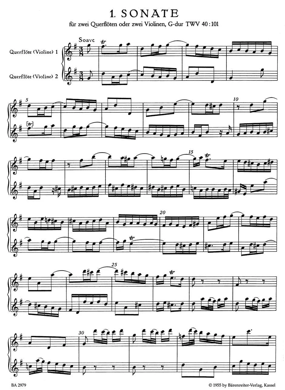 Telemann, Six Sonatas for Two Flutes or Two Violins, Op 2, TWV 40:101-106, Volume I - edited by Gunter Hauswald - Barenreiter URTEXT - Image 2