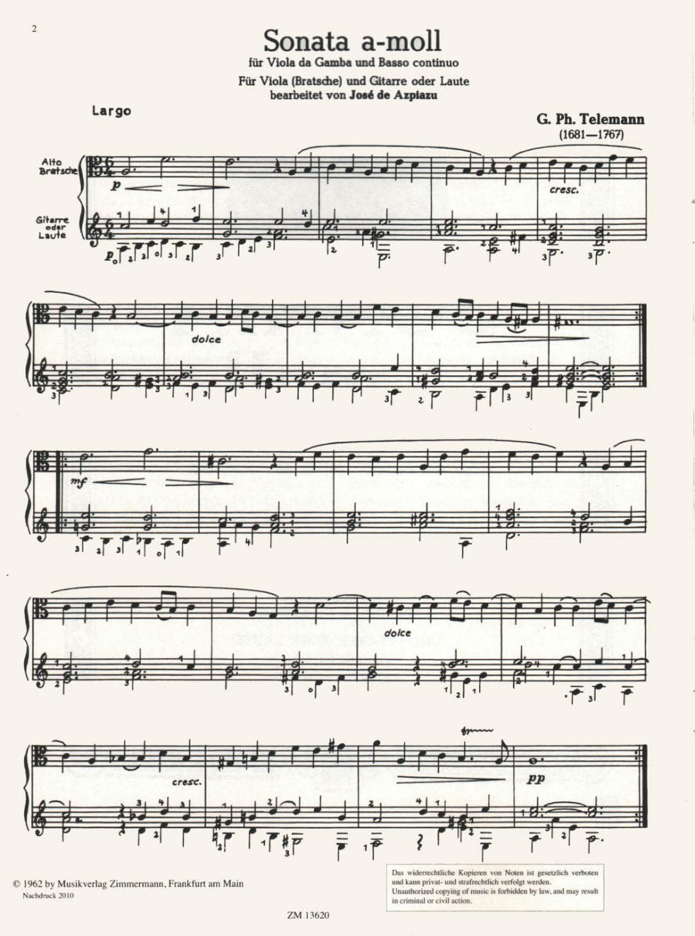 Telemann, Georg Philipp - Sonata in a minor For Viola and Guitar Published by Zimmermann Frankfurt - Image 2