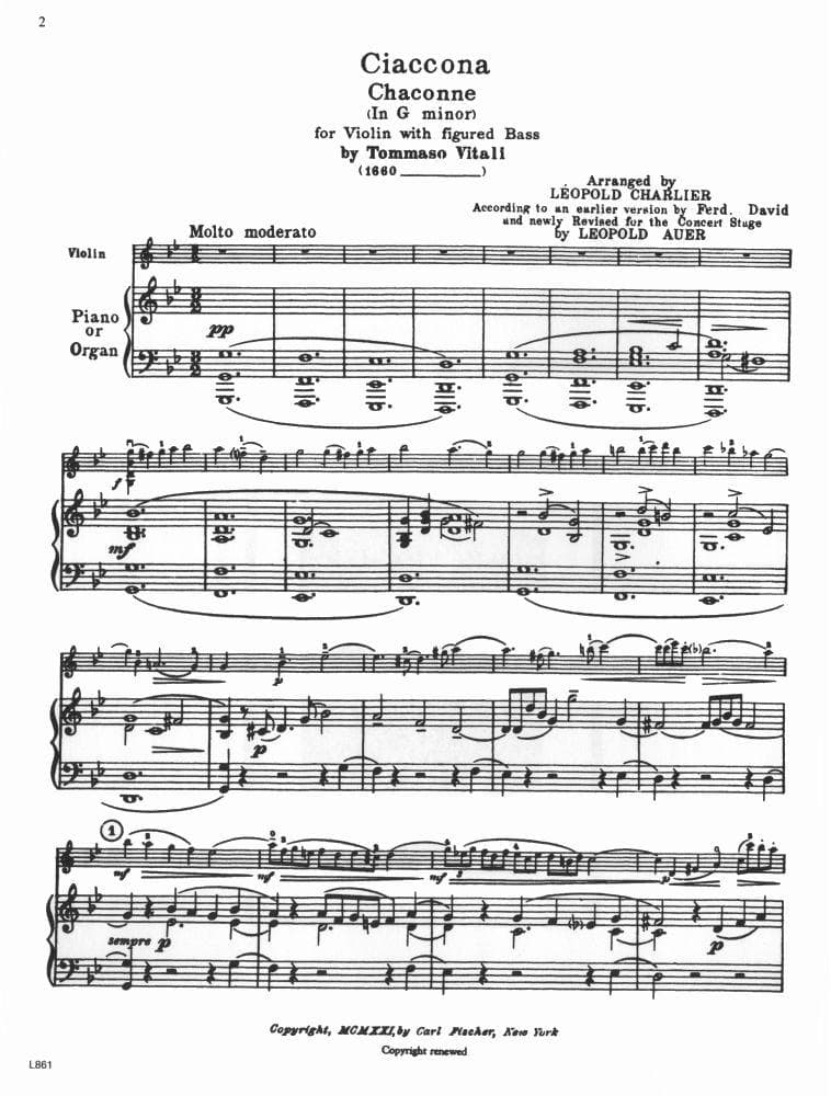 Vitali, Tomas - Chaconne in G Minor - Violin and Piano - edited by Auer - Carl Fischer - Image 2