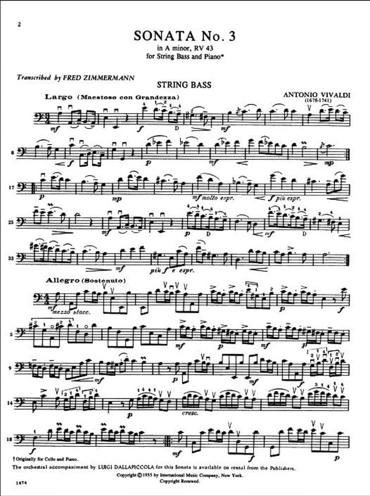 Vivaldi, Antonio - Sonata No 3 in a minor, RV 43 For Bass and Piano Edited by Zimmerman Published by International Music Company - Image 2