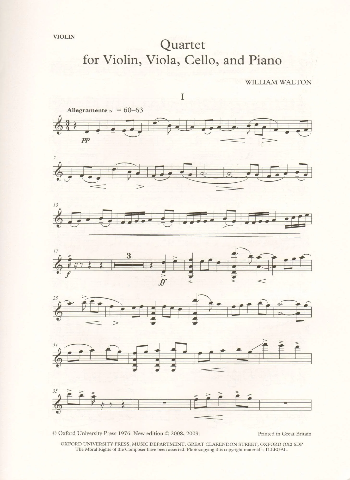 Walton, William - Quartet for Violin, Viola, Cello, and Piano - edited by Hugh MacDonald - Oxford University Press - Image 3