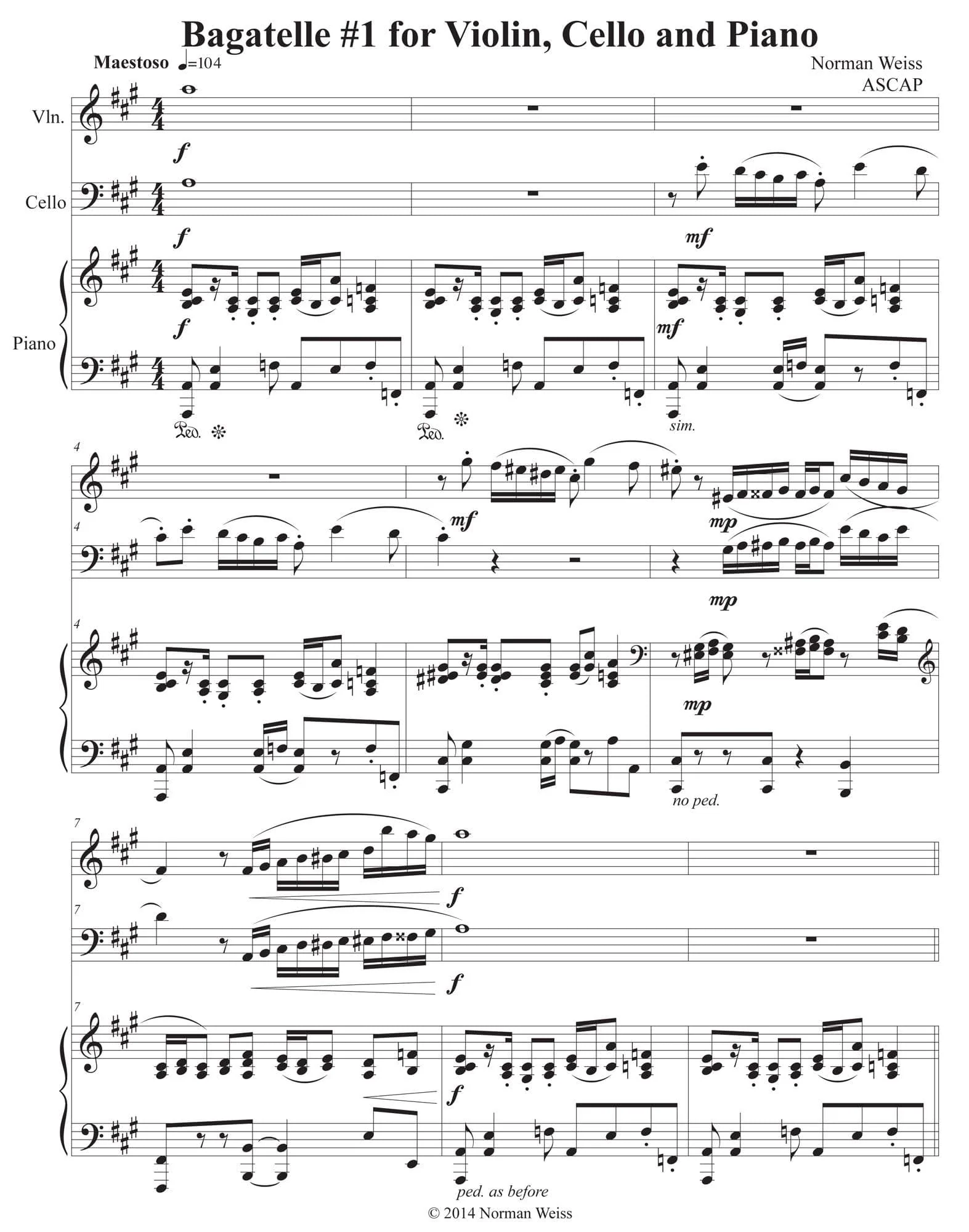 Weiss, Norman - Six Bagatelles For Violin, Cello and Piano - Digital Download - Image 3