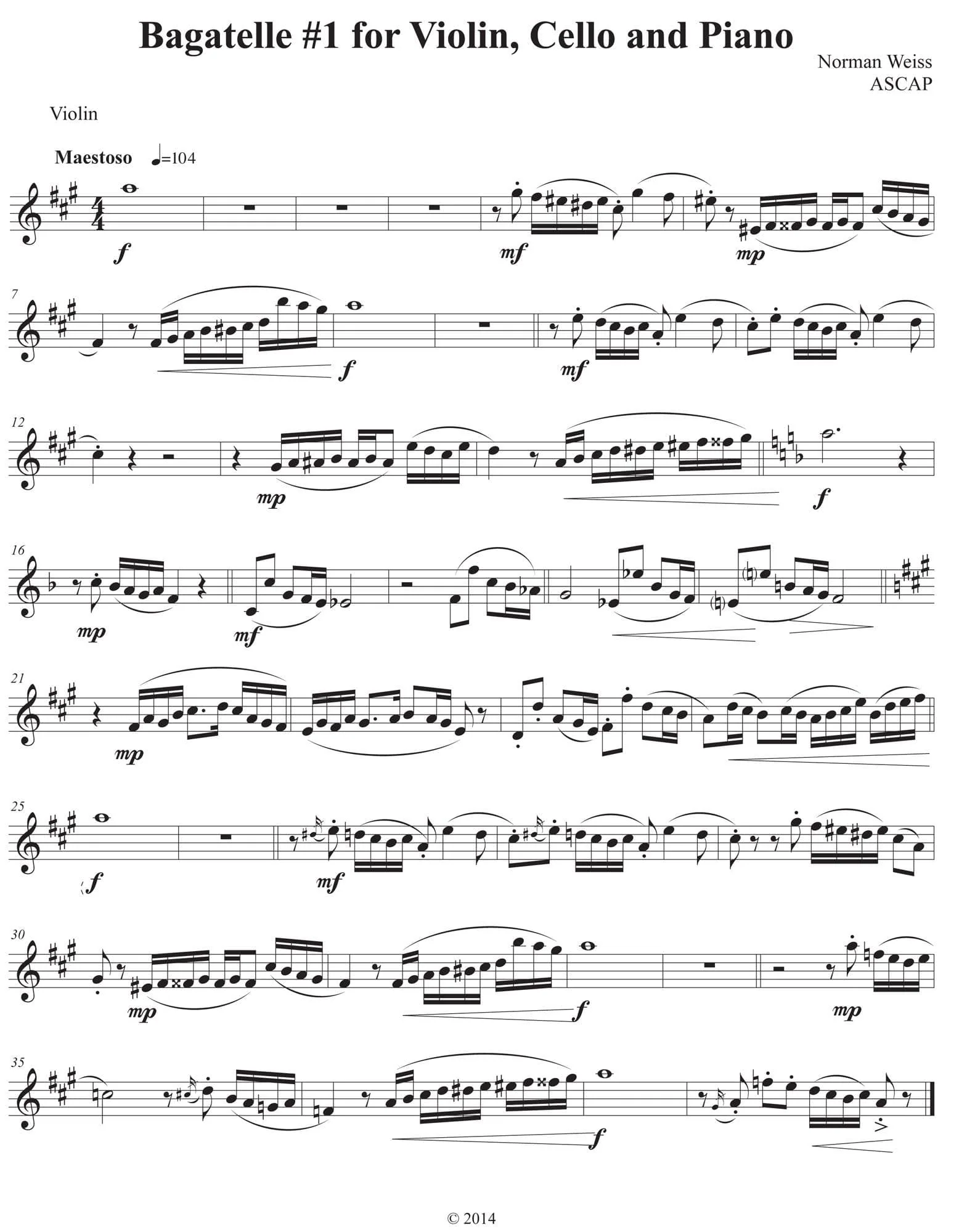 Weiss, Norman - Six Bagatelles For Violin, Cello and Piano - Digital Download - Image 4