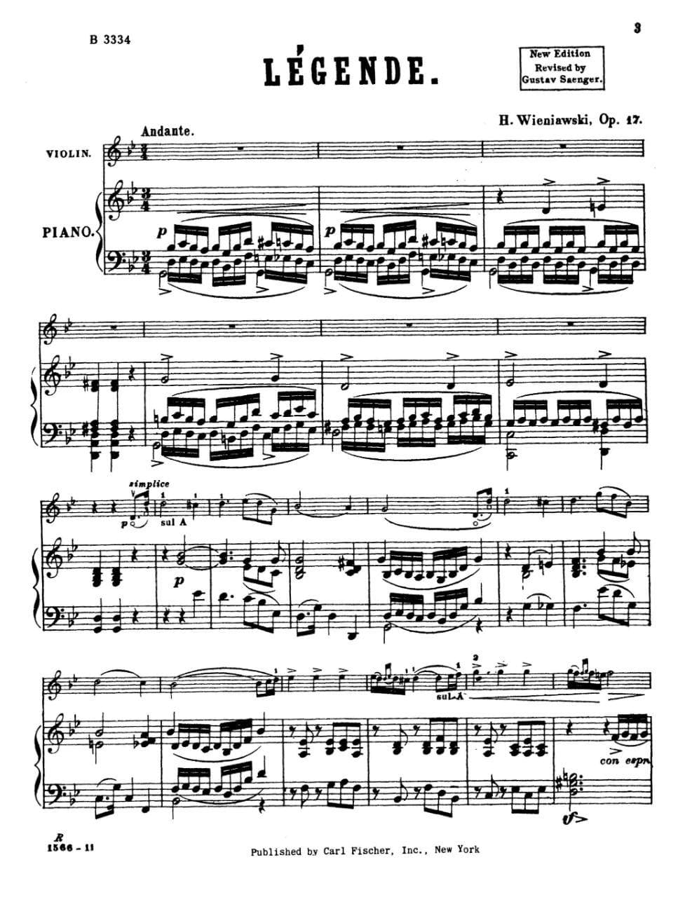 Wieniawski, Henryk - Legende Op 17 For Violin and Piano Edited by Saenger Published by Carl Fischer - Image 2